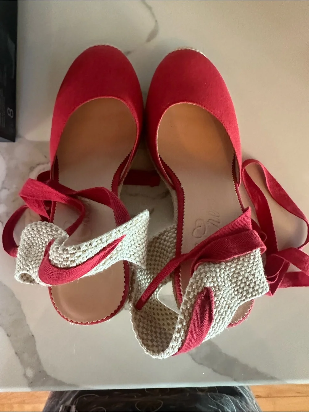 J Crew Canvas Red High Heel Espadrille Heels with Wrap Tie, Sz 8, retailed $158